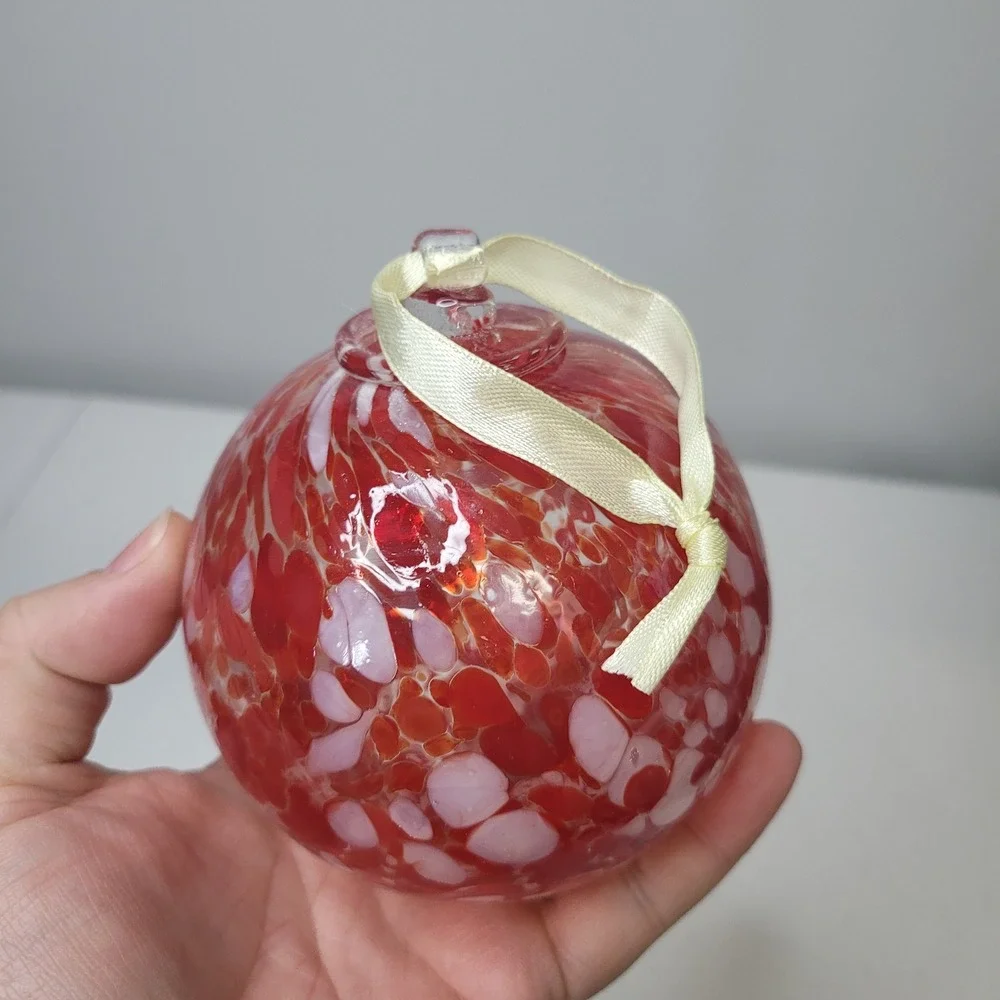 Red White Mottled Art Glass Ball Christmas Ornament‎ Hand Blown Round 4 Inch